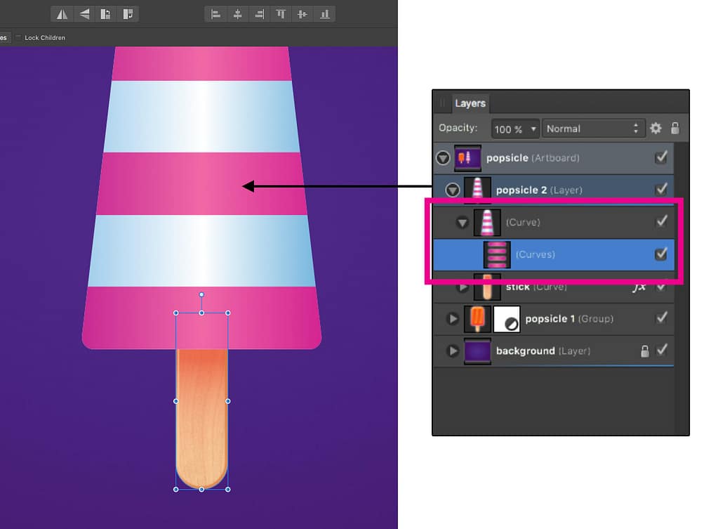 Step-by-step Affinity Designer tutorial for creating a 3D popsicle.